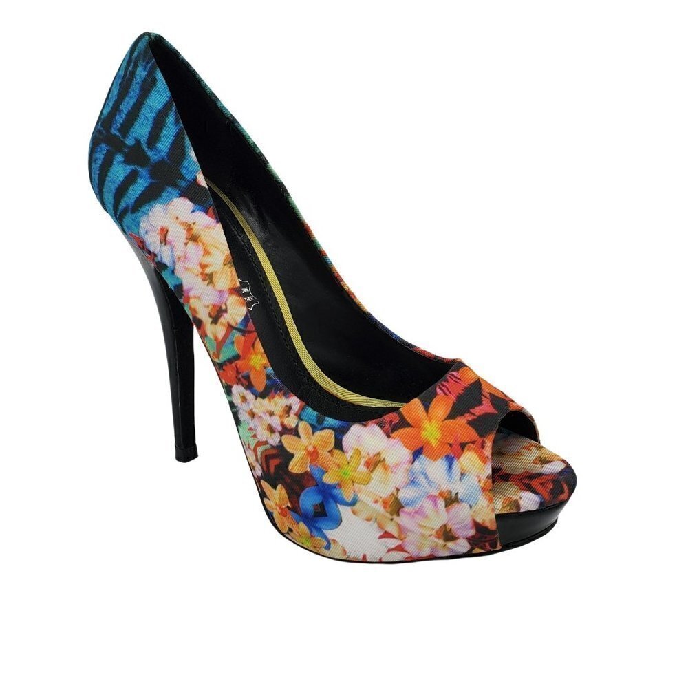 𝅺aldo Floral Multi-Color Fabric Leather Insole Stiletto Peep Toe Heels Size 36